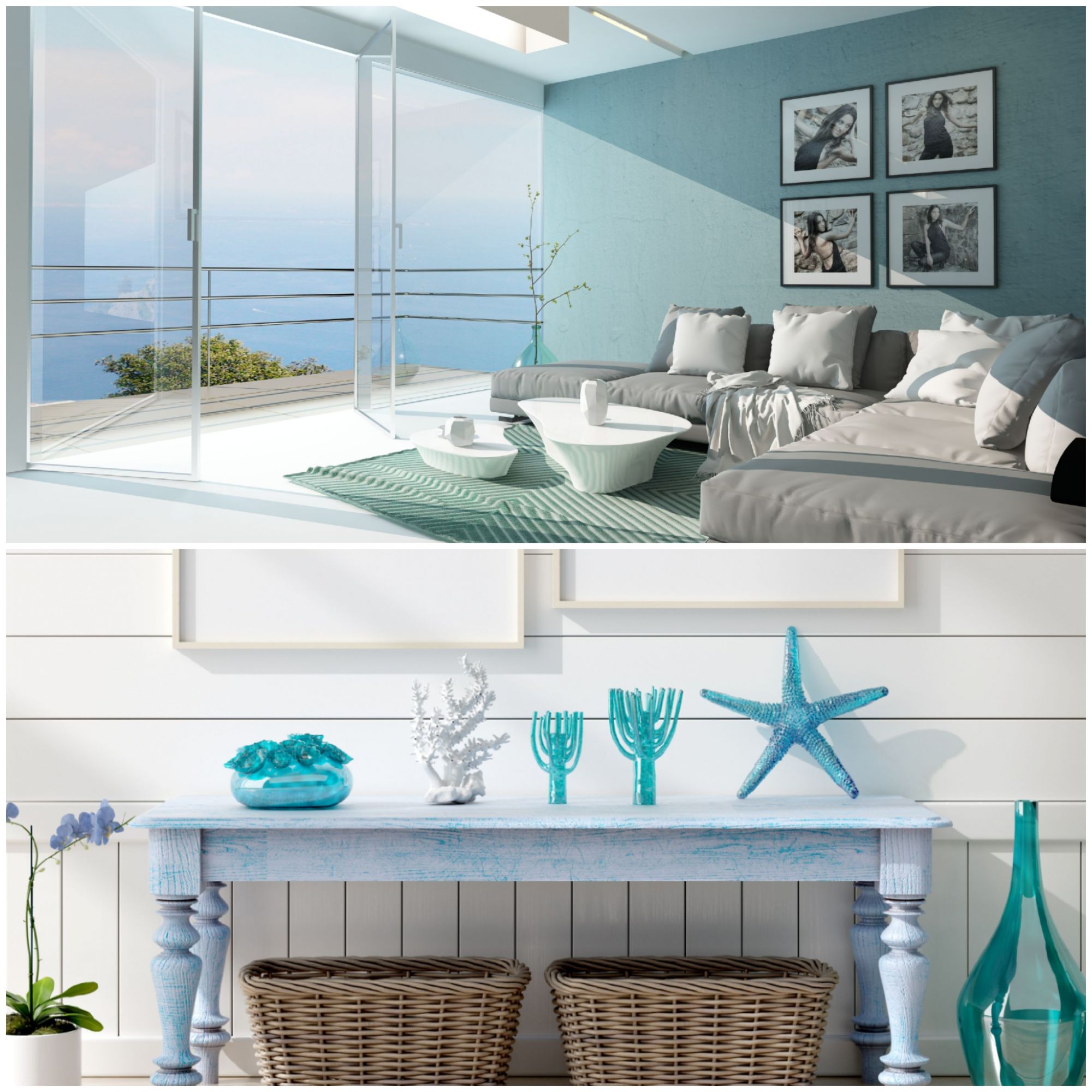 Collage of home decor and interior design featuring ocean tones, compiled by PH Design, home builders specializing in custom home design and construction in Canton, Ohio