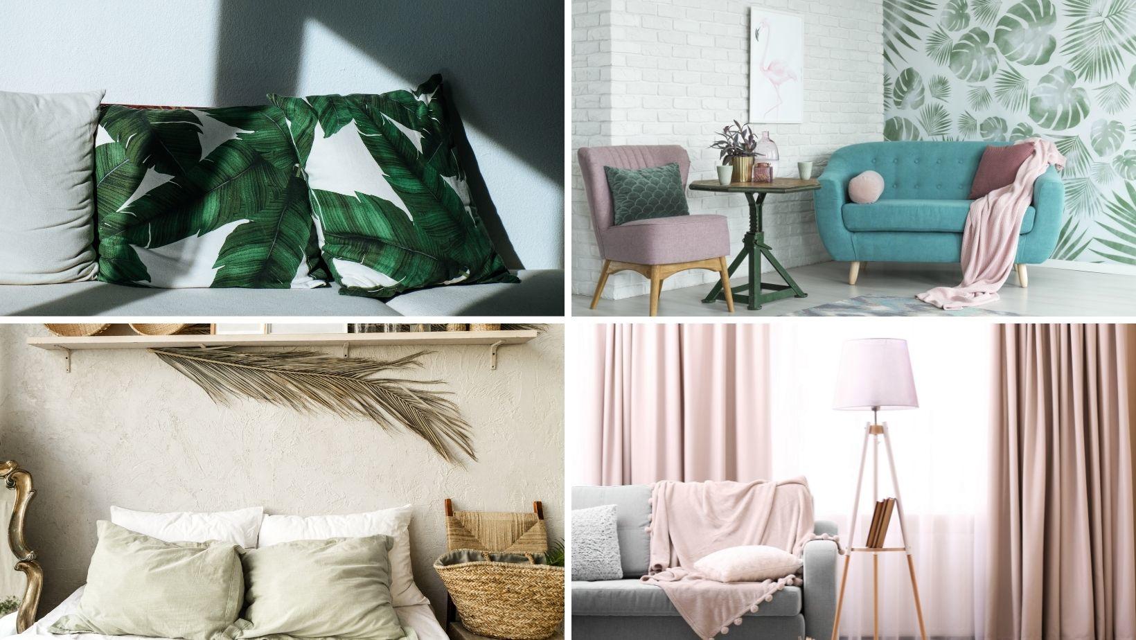 Collage of home decor pieces in colors of the year for 2021: pastels, compiled by PH Design, home builders specializing in custom home design and construction in Canton, Ohio