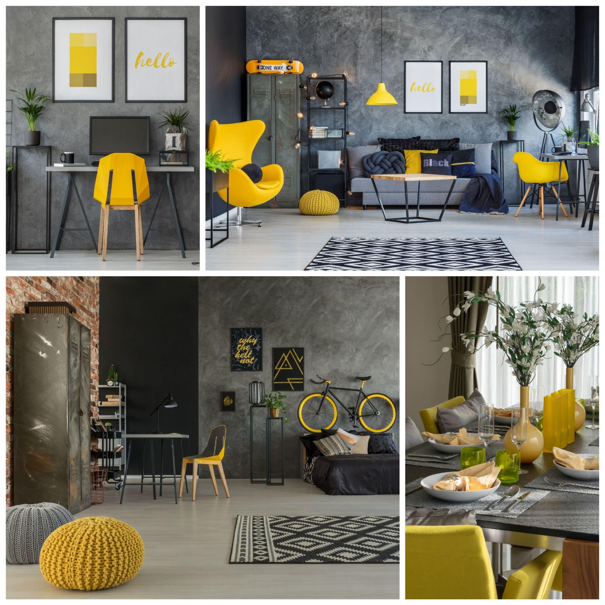 Collage of home decor and interior design examples featuring color of the 2021, yellow, compiled by PH Design, home builders specializing in custom home design and construction in Canton, Ohio