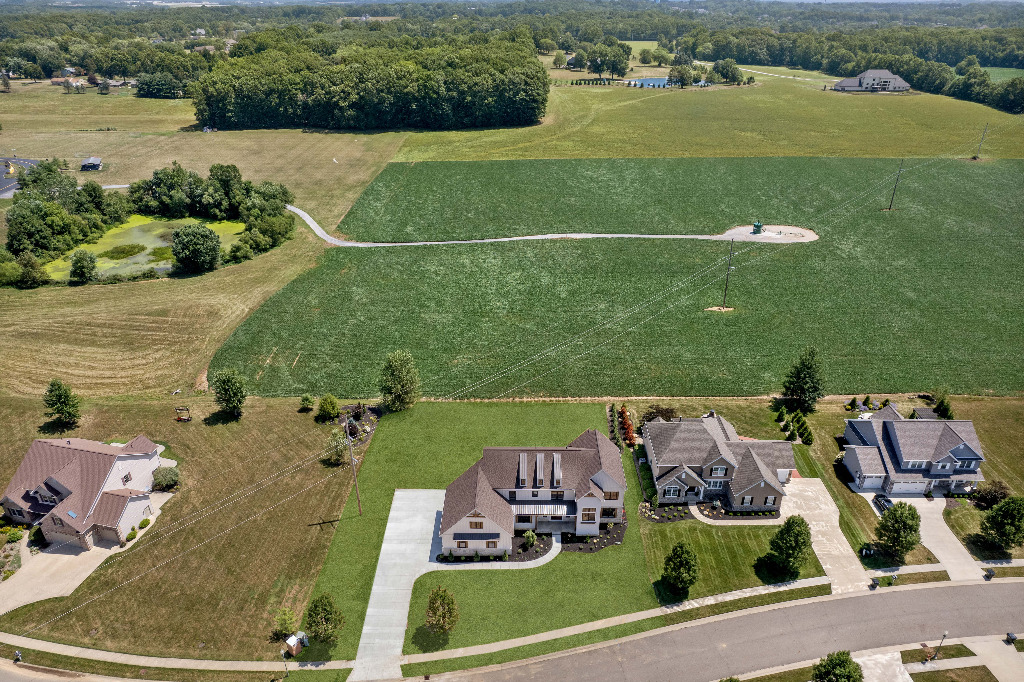 Aerial view of the custom home and surrounding properties