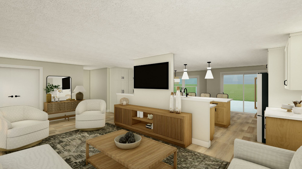 Living room home remodel 3D rendering by PH Design, home builders in Northeast Ohio