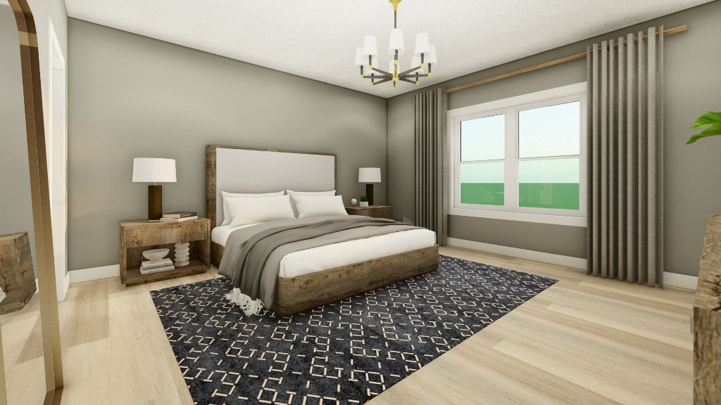 The Lowland Exterior and The Talisker Interior custom design floor plan, master bedroom 3D rendering by PH Design, home builders in Northeast Ohio