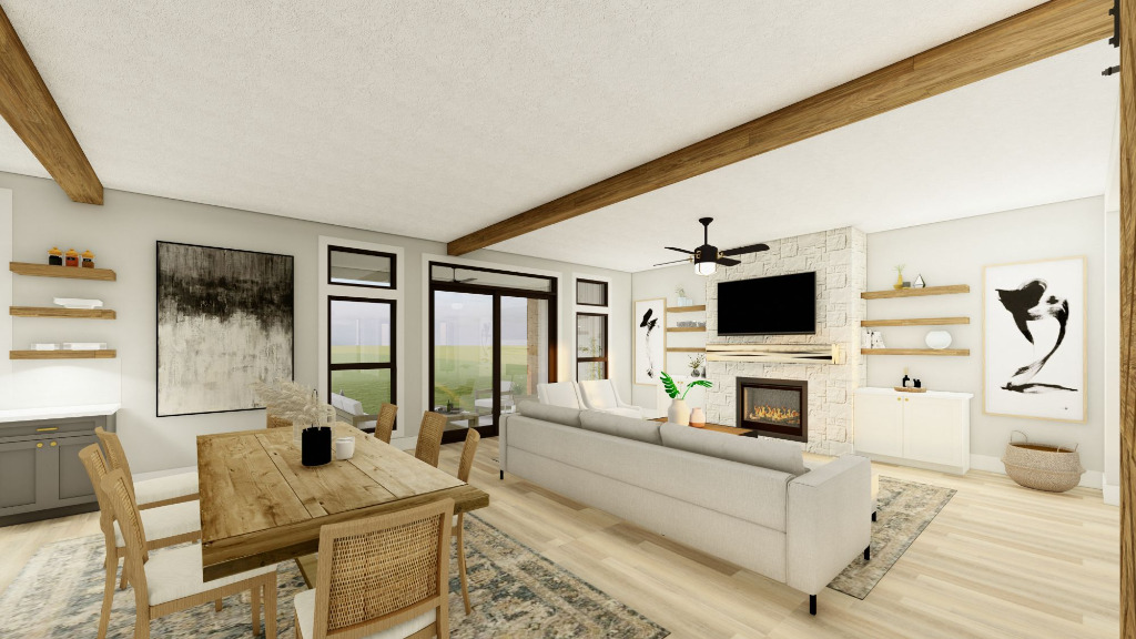 The Laphoraig, custom floor plan, dining room & living room 3D rendering by PH Design, home builders in Canton, Ohio